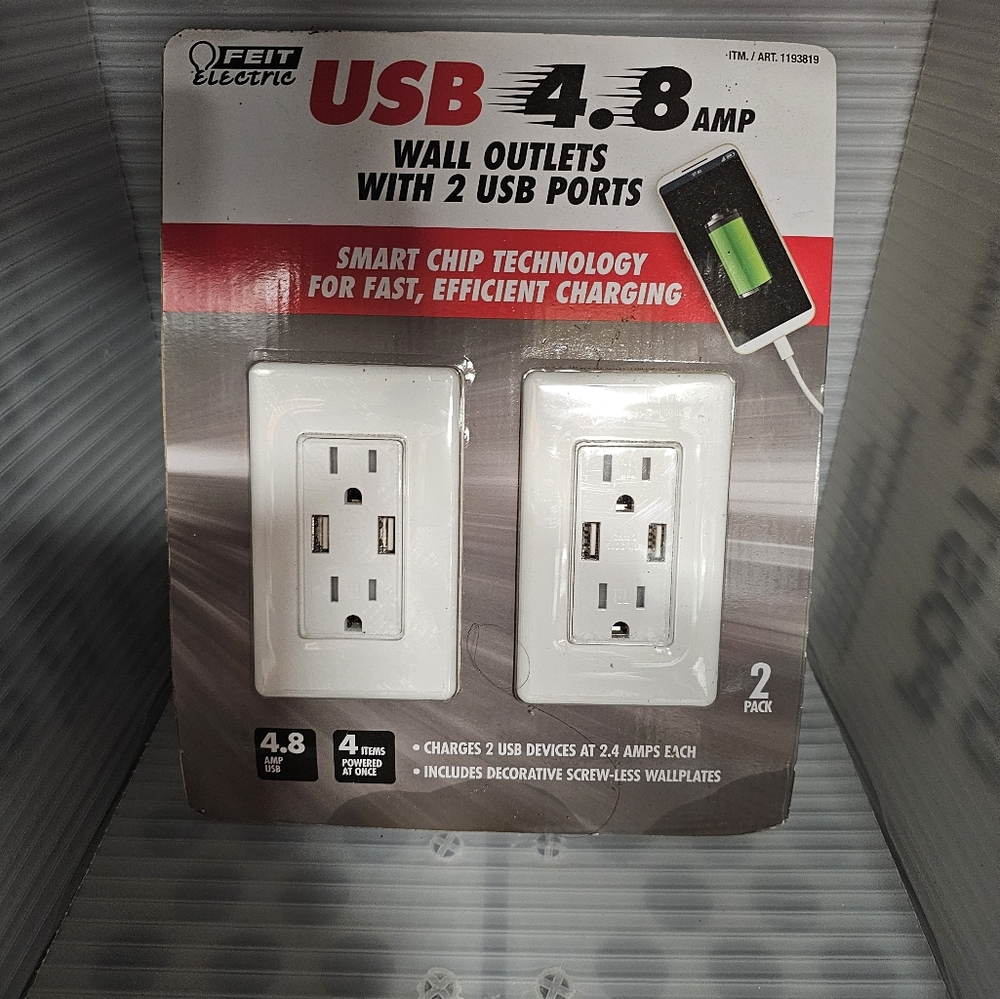 Feit Electric 2PK Wall Outlets With 2 USB Ports 4.8 Amps 2 Pack NEW IN BOX